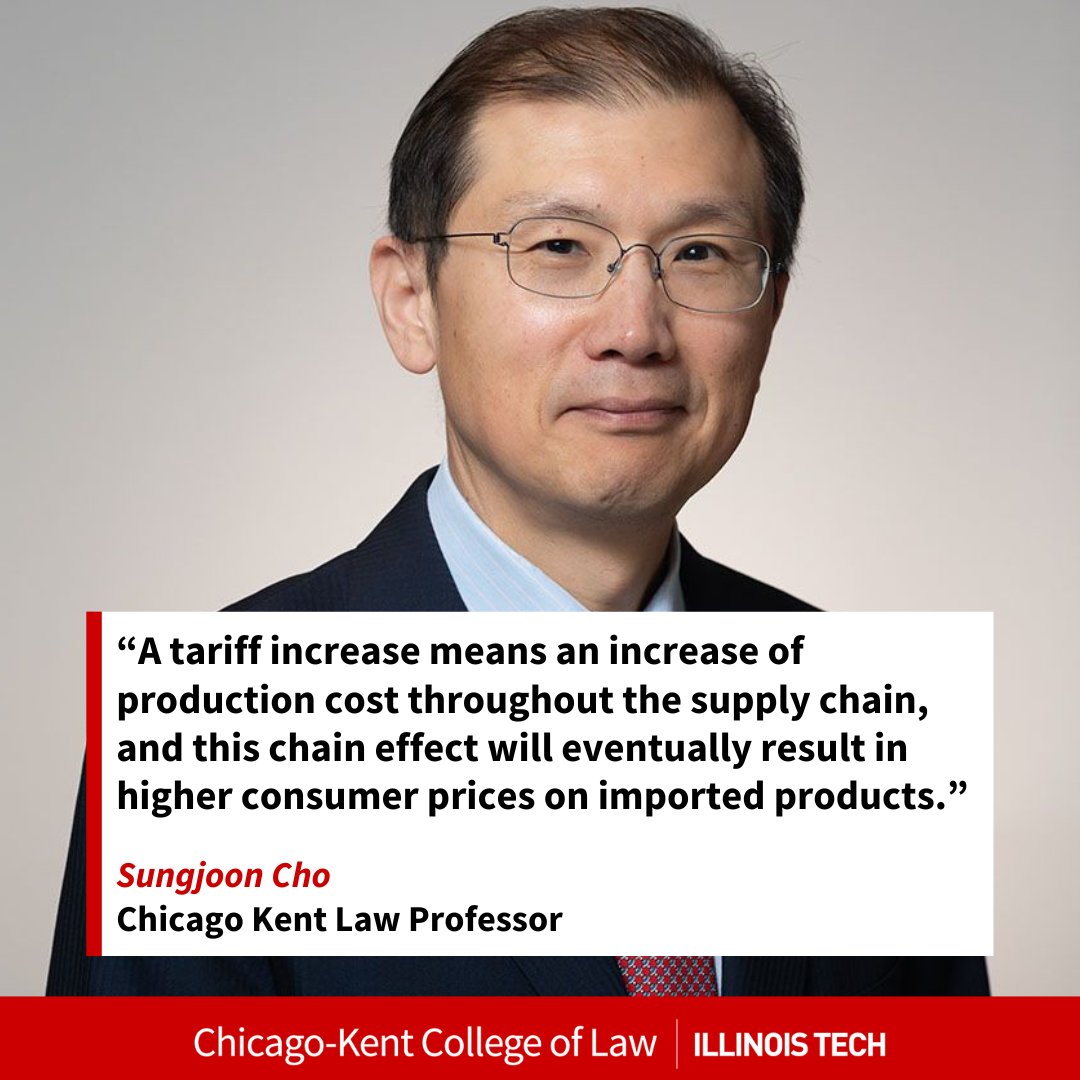 ChicagoKentLaw's tweet image. Wondering how Trump's new tariffs could affect you? Chicago-Kent College of Law Professor Sungjoon Cho explains how tariffs impact global trade, consumer prices, and why they may hit lower-income families hardest. Learn more about tariffs and their impact: bit.ly/4hAWqrI