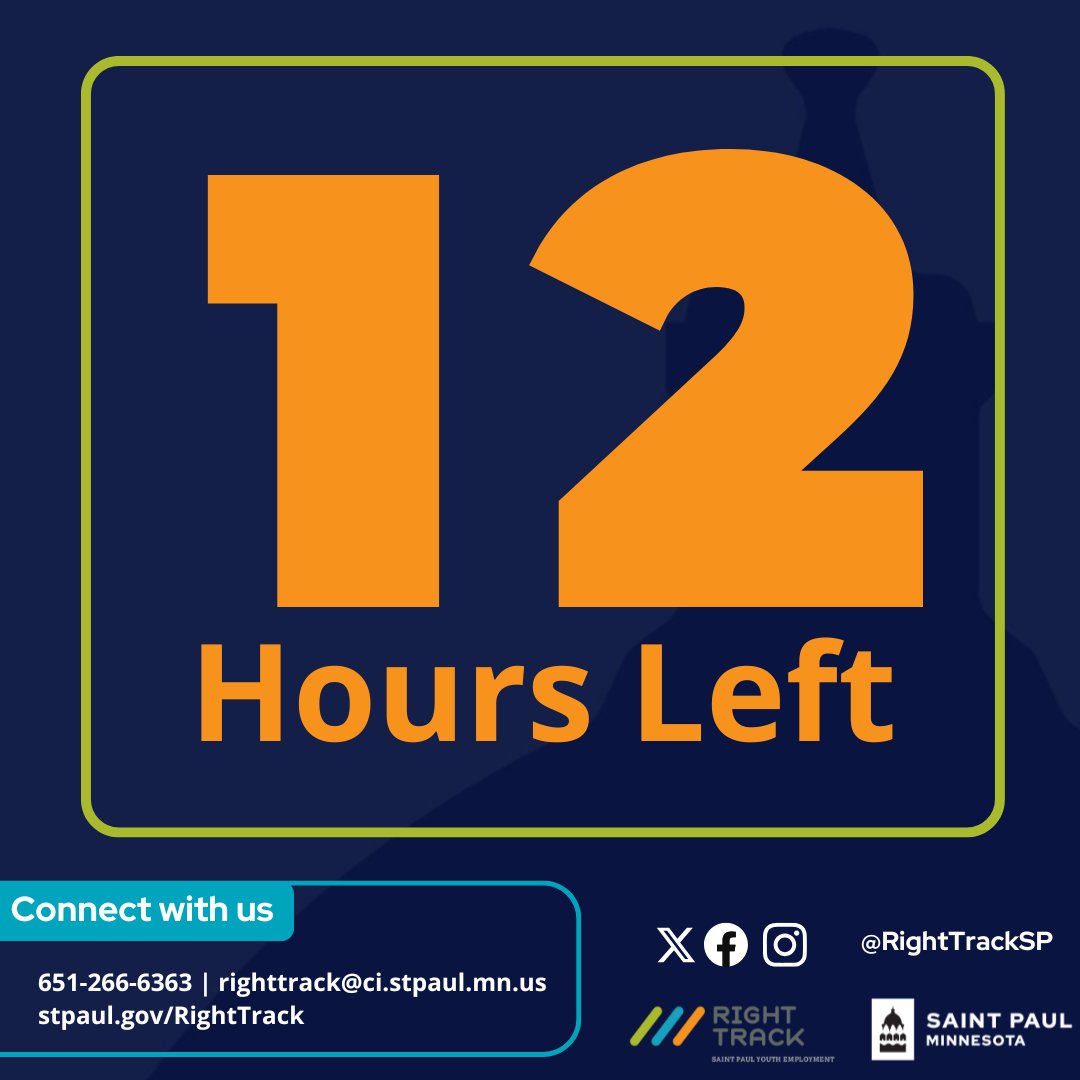 Happy Friday!

TODAY is the final day to register for the Right Track program summer 2025. The application is set to close after 11:59pm tonight!

Use the link below to lock in your application today (:

righttrack-app.stpaul.gov