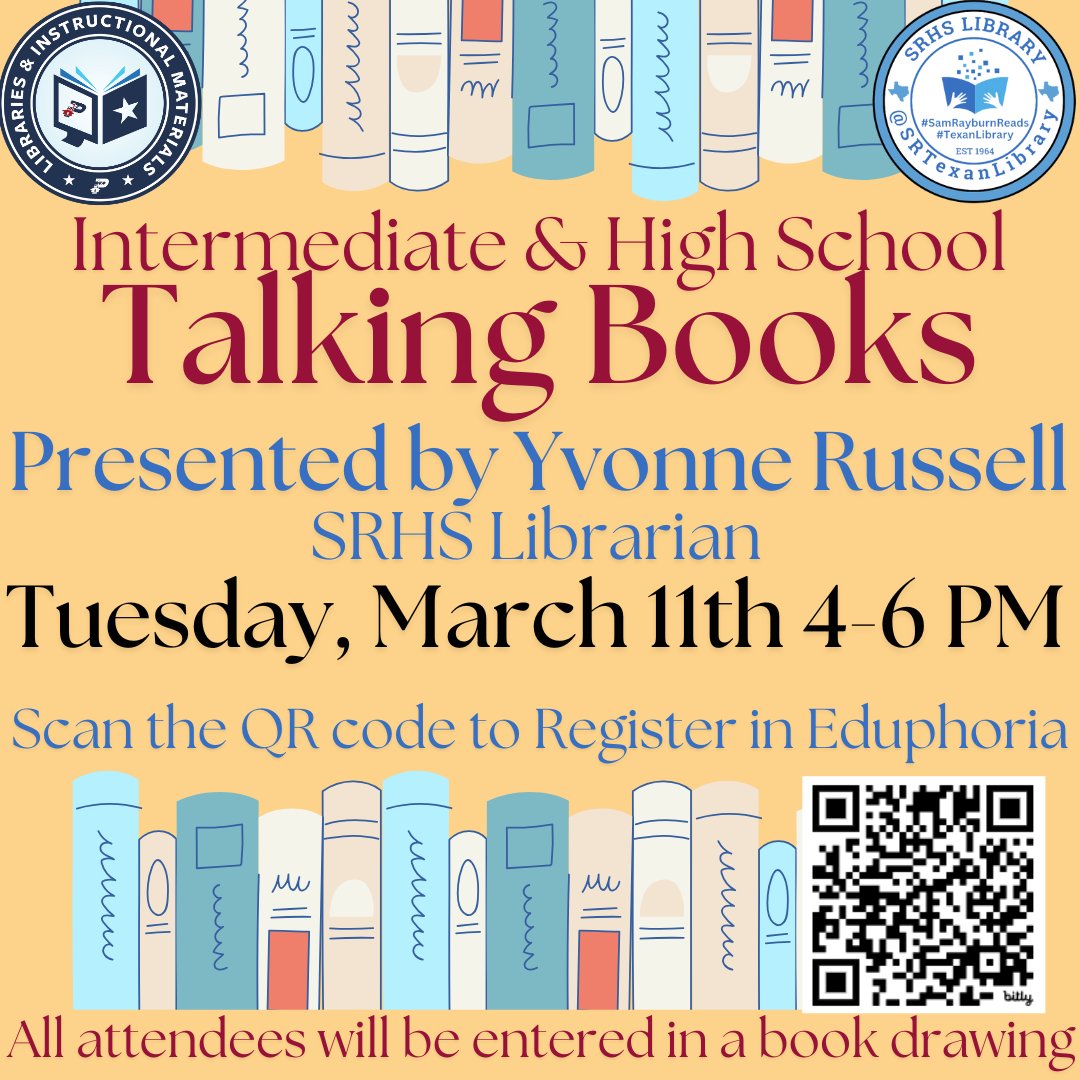 SRTexanLibrary's tweet image. Join Mrs. Russell for Intermediate &amp;amp; High School Talking Books on March 11th. She will be discussing (and giving away) new books from many different genres.  Sign up in Eduphoria.  pasadena.schoolobjects.com//wshop/default… #TexanLibrary #pisdREADS @Mrs_R_Librarian @SamRayburn_HS @PISD_LandIM