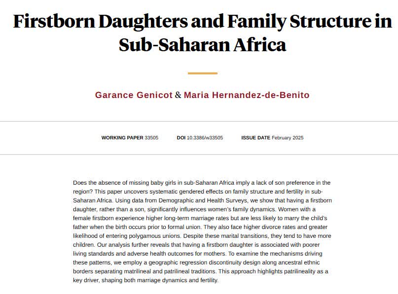 NBER (@nberpubs) on Twitter photo Uncovering systematic gendered effects on family structure and fertility in Sub-Saharan Africa, from @ggenicot and <a href="/MariaHdzdB/">María Hernández-de-Benito</a> nber.org/papers/w33505 Uncovering systematic gendered effects on family structure and fertility in Sub-Saharan Africa, from @ggenicot and <a href="/MariaHdzdB/">María Hernández-de-Benito</a> nber.org/papers/w33505