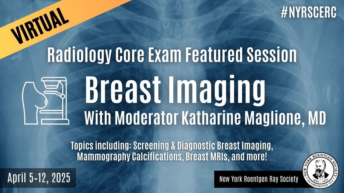 Attend the 2025 Virtual Core Exam Review Course and supercharge your #Radiology Core Exam preparation! April 5-12, 2025, with sessions like Breast Imaging with Moderator Katharine Maglione, MD. 

Register Now: nyrscerc.com  

#NYRSCERC #nyrscerc2025 #nyrs