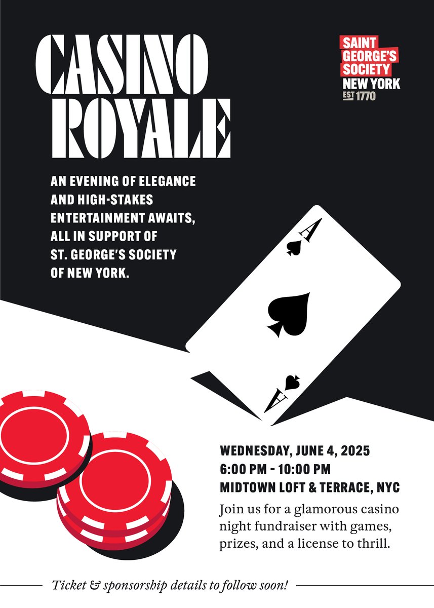 Save the date to “bond” with us at an unforgettable evening of high-stakes elegance— Casino Royale! 🎲✨

🗓️ Wednesday, June 4, 2025
🕕 6:00 PM – 10:00 PM
📍 Midtown Loft &amp; Terrace, NYC

Prepare for an evening of glamour, games, prizes, and a license to thrill!