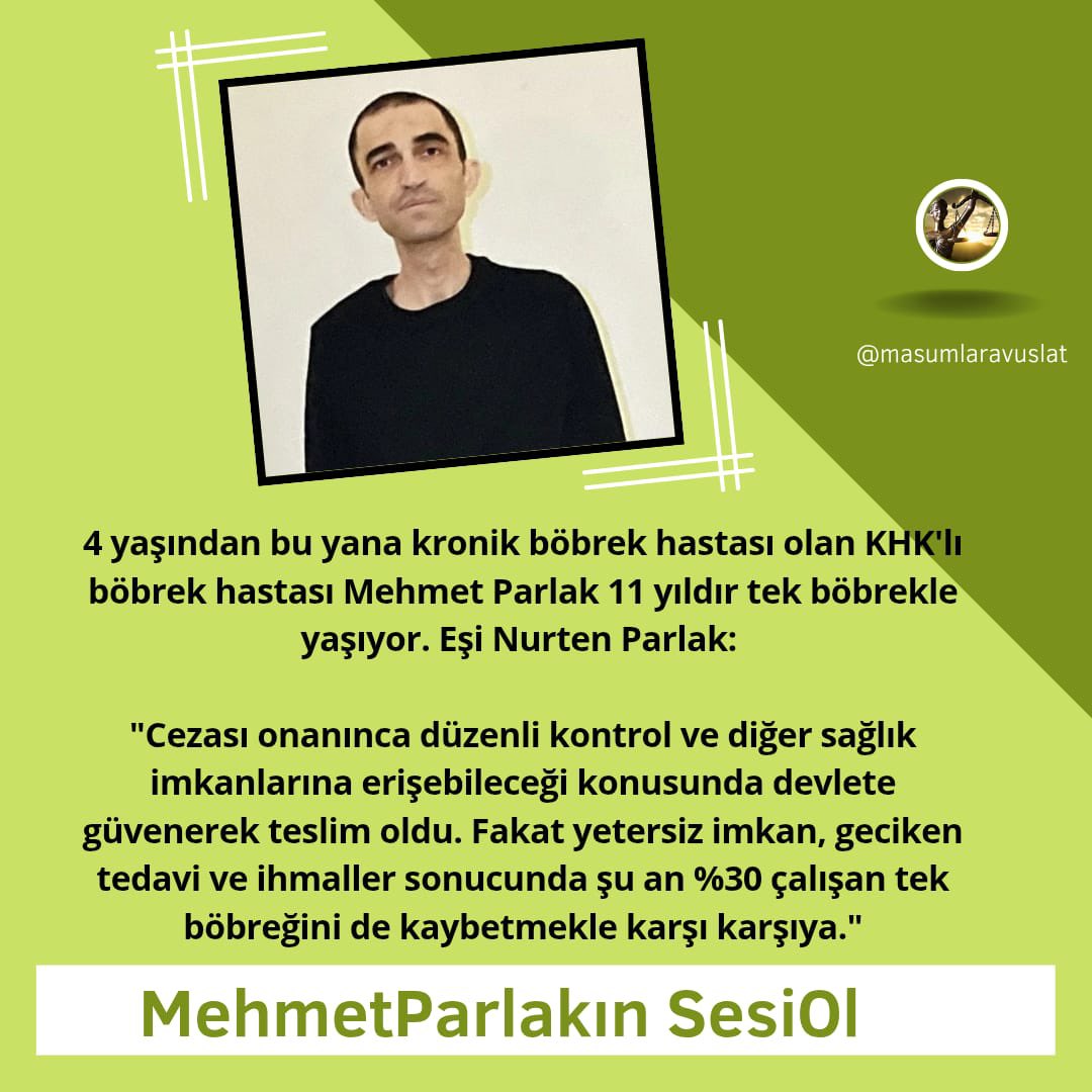 11 yıldır tek böbrekle yaşayan, o kalan tek böbreği de %30 çalışan Mehmet Parlak’ın sesi olalım. 
MEHMET PARLAK’A ACİL TAHLİYE ‼️

📍MehmetParlakın SesiOl📍