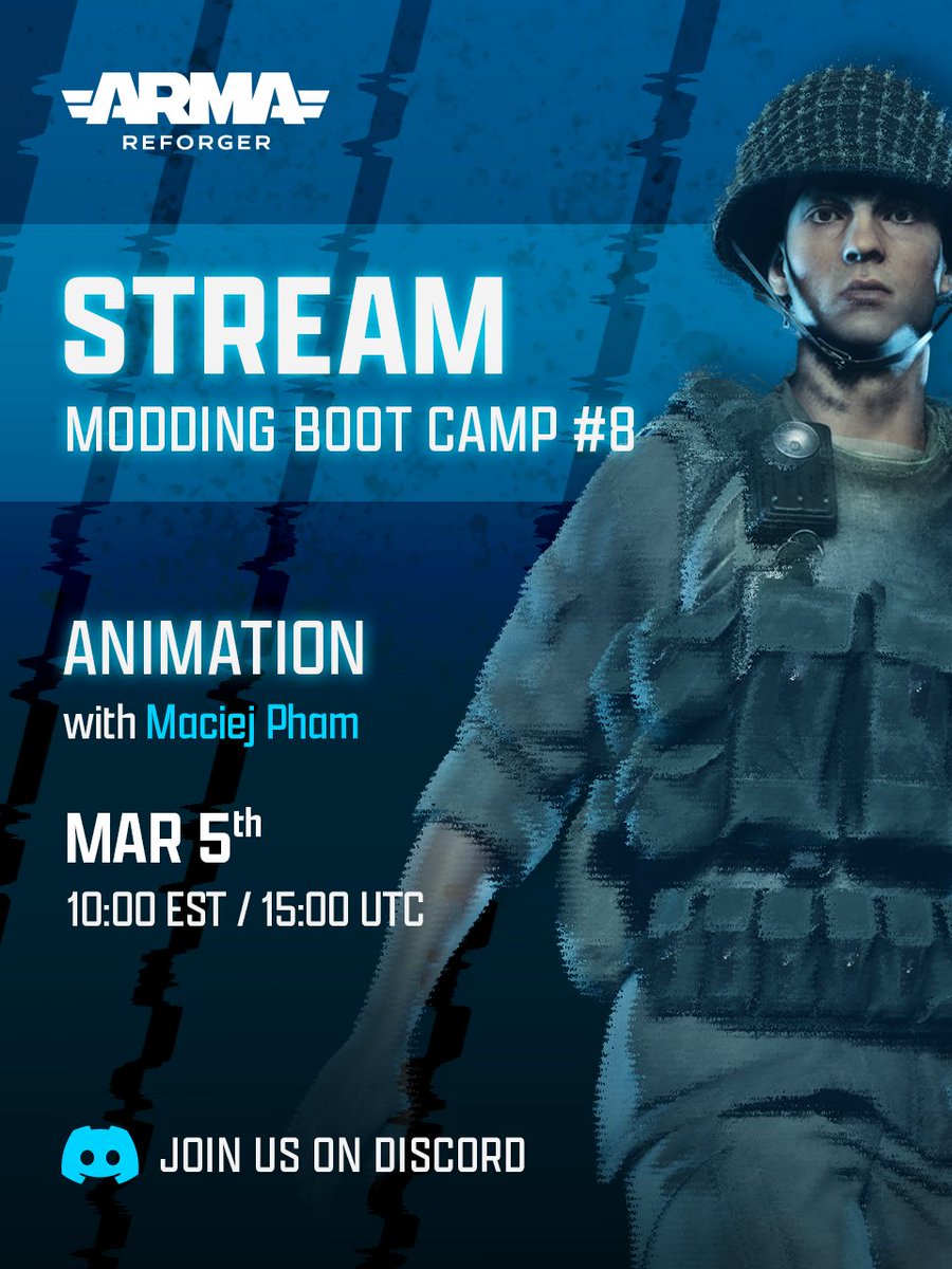 ArmaPlatform's tweet photo. Join our Senior Technical Designer Maciej Pham on March 5 at 15:00 UTC for #ArmaReforger Modding Boot Camp #8!

Listen in as they discuss Blender Tools setup, weapon animation, and more.

This will be held in the mbc_stage channel on the Arma Discord.
https://t.co/Pjs9qVOwYv https://t.co/PgLJZ30fHo
