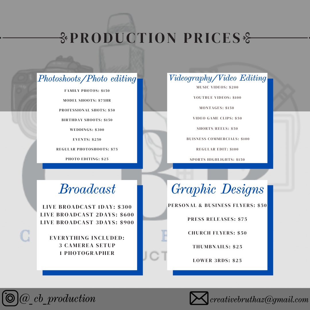 cbproduction_'s tweet photo. Looking for top-quality production services? We’ve got you covered! From photoshoots and video editing to live broadcasts and graphic designs, we bring your vision to life with professional results. DM us for bookings or inquiries!

📸🎥💻✨

Email: creativebruthaz@gmail.com https://t.co/XM5HoJnnf5