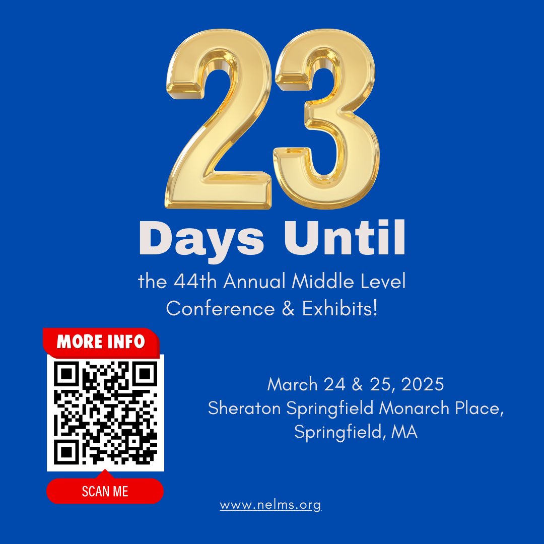 The 44th Annual Middle Level Conference &amp; Exhibits are just 23 days away! Check out the Program Book - nelms.org/ac-programbook

Today is the last day to get a room in our hotel block at the Sheraton Springfield Monarch Place! Go to nelms.org/ac-reg-pricing for hotel information.