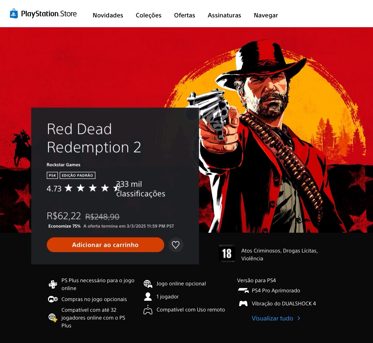 Muito barato! Red Dead Redemption 2 está com 75% de desconto na PS Store por tempo limitado