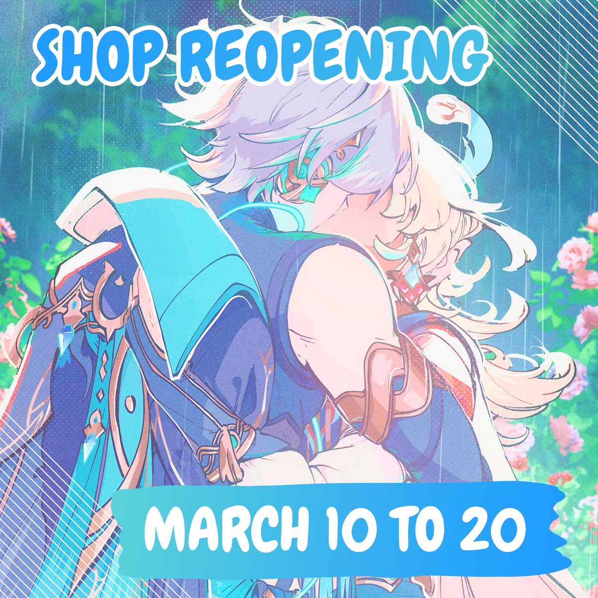 The 𝓼𝓱𝓸𝓹 will reopen from March 10 to 20! 

New prints and stickers from Genshin, HSR, ALNST and even Ace Attorney, a brand-new flag, the return of the doujinshis, and reprints of two highly requested standees will be available~