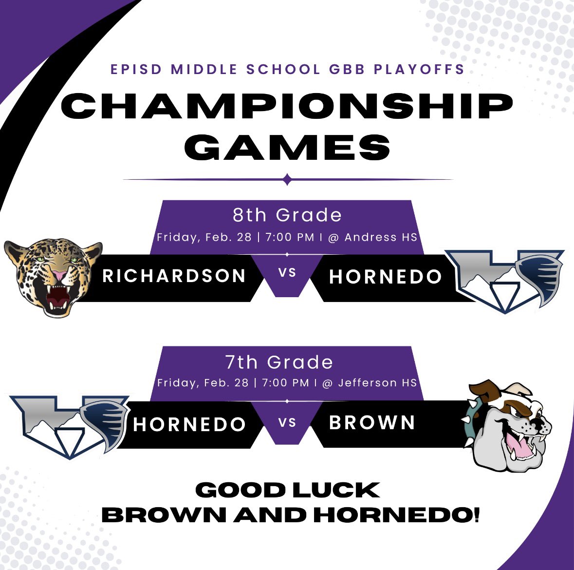 Franklin HS Girls Basketball (@franklinhs_gbb) on Twitter photo The <a href="/EPISDathletics/">EPISD ATHLETICS</a> GBB district championships are tonight, with future Cougs in action. Our own Hornedo MS 8th grade team takes on Richardson. Meanwhile, the 7th grade championship is a battle between our feeders Hornedo MS and Brown MS. Come support these fantastic teams! The <a href="/EPISDathletics/">EPISD ATHLETICS</a> GBB district championships are tonight, with future Cougs in action. Our own Hornedo MS 8th grade team takes on Richardson. Meanwhile, the 7th grade championship is a battle between our feeders Hornedo MS and Brown MS. Come support these fantastic teams!