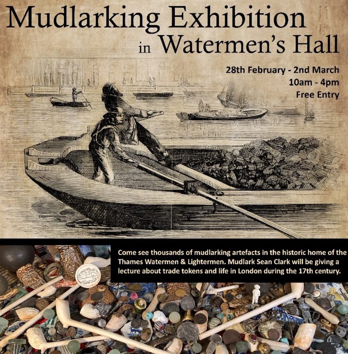 mudlarkanna's tweet photo. Beautiful treasures at Watermen's Hall in the city of London tomorrow 10-4 and FREE. Come and meet the #mudlarks including me! Today was fabulous! #mudlarking #whatsoninlondon #exhibition https://t.co/Vu31tTGYab