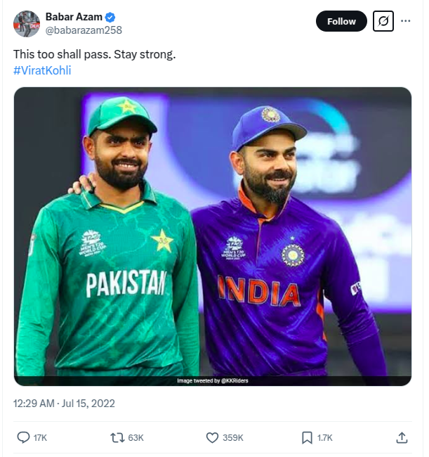 cricketingview's tweet photo. A embarassing PR stunt. 

Before July 15, 2022 Kohli's record in each format was miles better than Babar Azam. They were not on the same planet.

After July 15, 2022, same thing despite PAK preparing roads explicitly for BA's 100s. https://t.co/i4ijzgbsZ1