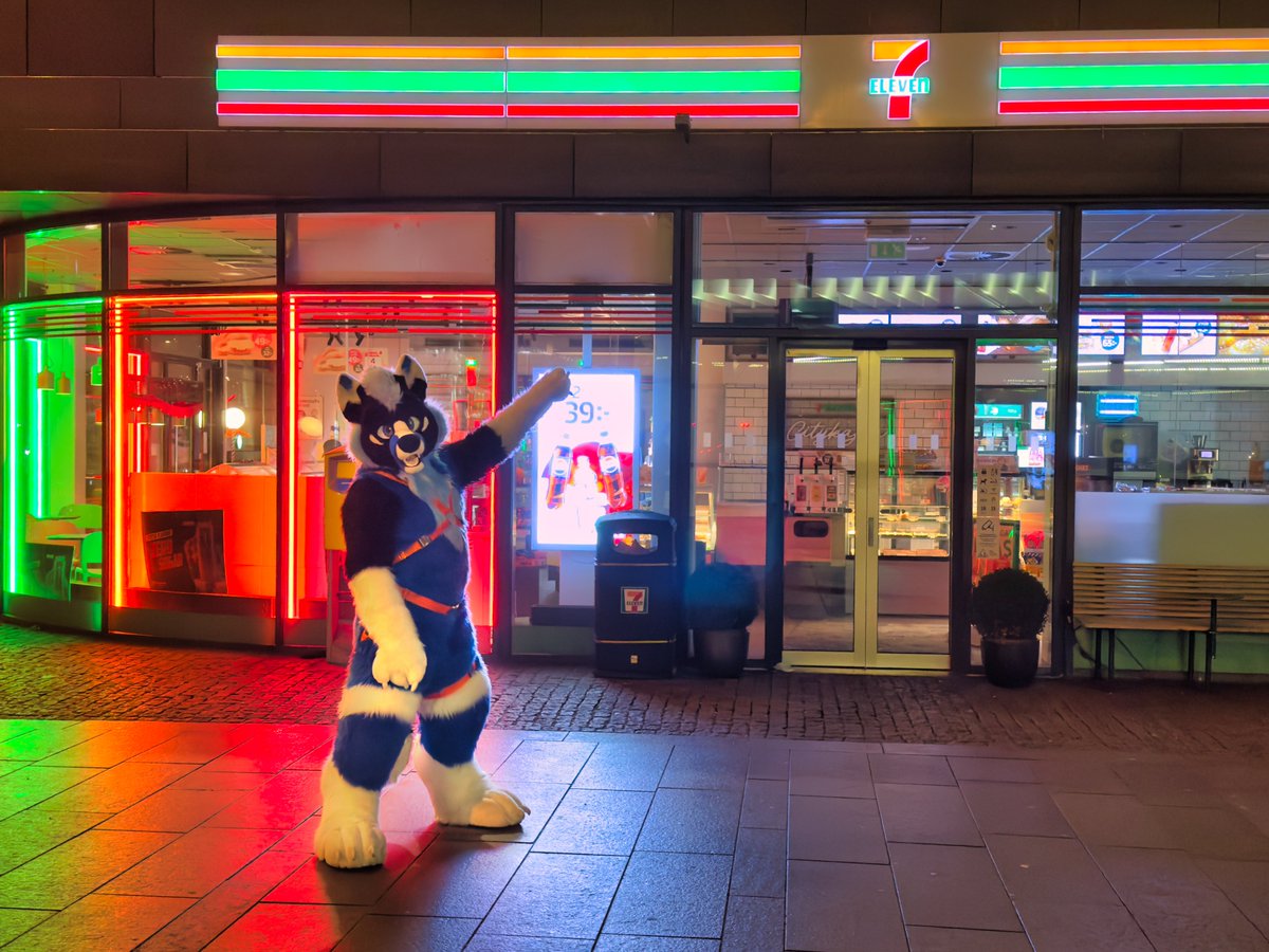 Heeey, looook! there is my favorite shop!, wanna get a late snack with me? 😏

also with a new harness ~

📸: <a href="/Legiarrd/">Legiarrd</a> 

#FursuitFriday #NFC2025 #NordicFuzzCon