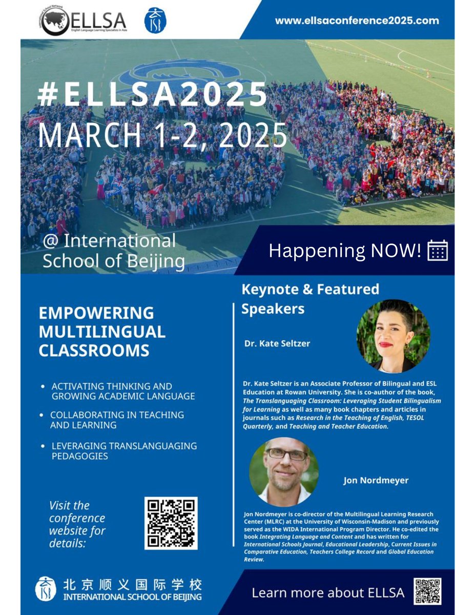 We are excited to have all arrived in BEIJING for #ELLSA2025 at the International School of Beijing! We are especially looking forward to hearing from Dr. Kate Seltzer from Rowan University, Jon Nordmeyer from the Multilingual Learning Research Center, and Dr. Ying Chu from ISB.