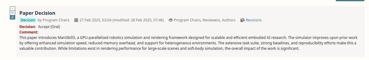 ManiSkill3 accepted as an oral paper at the <a href="/iclr_conf/">ICLR 2026</a>  robot learning workshop! See you all in Singapore🇸🇬, we have some cool demos demonstrating all the power of parallel rendering, heterogeneous sim and more! We will also update the arxiv with a v2 with some of these updates