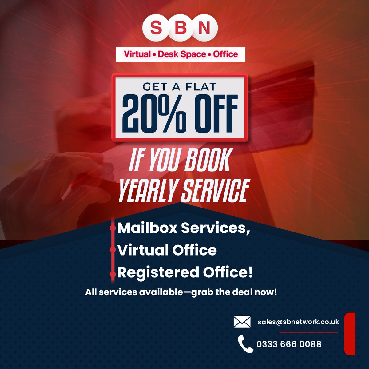 Secure premium office space! 20% Discount if you pay 3 moths in advance
Contact sales@sbnetwork.co.uk or call 0333 666 0088 today to book your space!
sbnetwork.co.uk
 #virtualoffice #officeservices #servicesinlondon #england #working #services #topservice #london