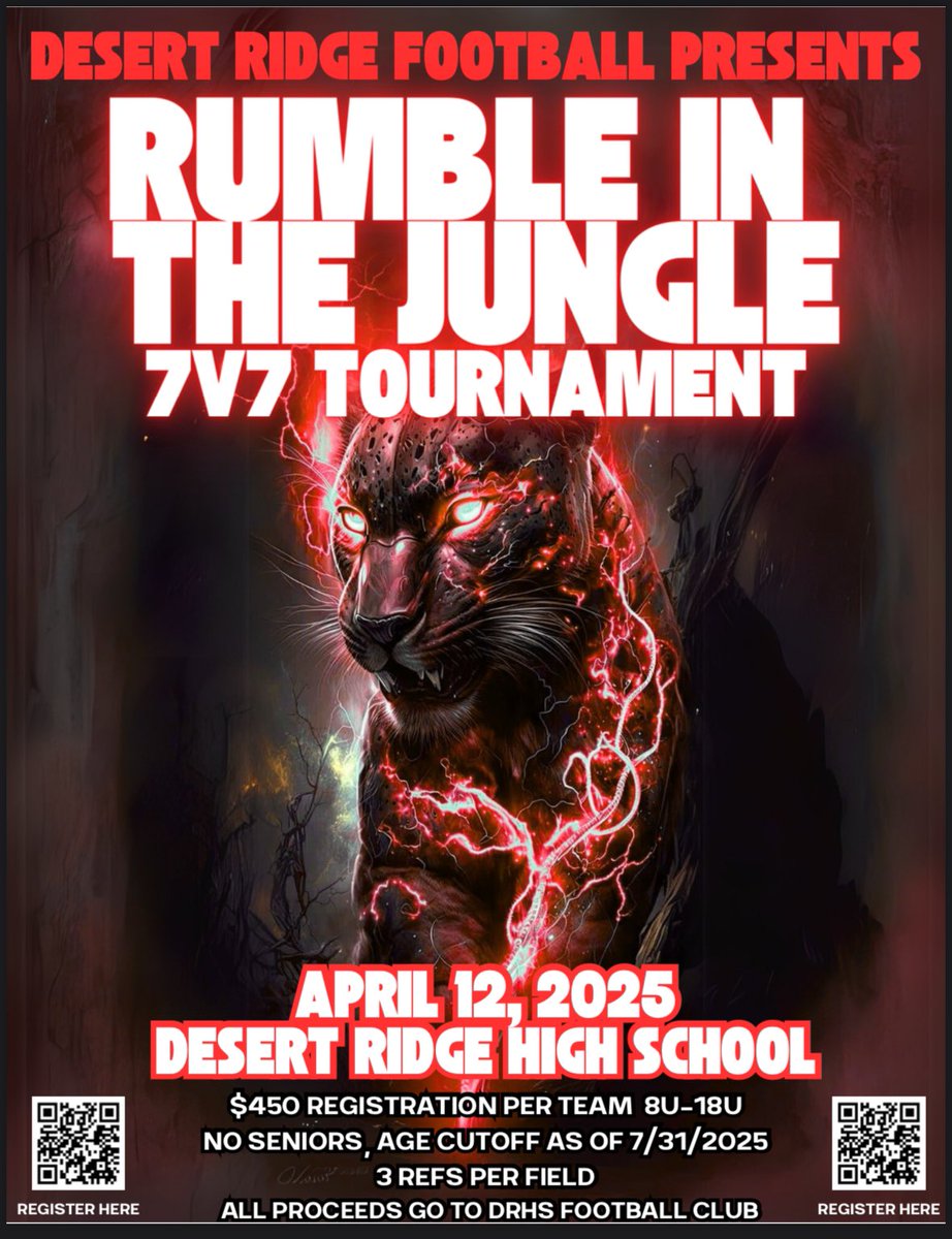 🏈 CALLING ALL AZ FOOTBALL TEAMS! 

Desert Ridge High School is hosting a 7v7 Football Tournament, and we want YOUR team to join the competition!Bring your speed, strategy, and team for a day of high-energy football action. #7v7Football #DesertRidge7s #arizona7v7 #arizona7s