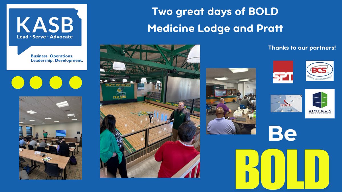 Dr. Michelle Hubbard (@drmjhubb) on Twitter photo It's a great day to #BeBOLD! Thanks to our partners <a href="/Simpson_const/">Simpson Construction Services</a>, <a href="/SPTarch/">SPT Architecture</a>, <a href="/coryellroofing/">Coryell Roofing</a>, & BCS! And thanks to <a href="/frogsupt/">Tony Helfrich</a> in Pratt & Ryan Cunningham in Medicine Lodge for hosting! Love seeing great things happening for kids in KS! <a href="/KASBPublicEd/">Kansas Association of School Boards</a> <a href="/DrBrittonHart/">Dr. Britton Hart</a> <a href="/StKarlin/">Steve Karlin, Ed.D.</a> It's a great day to #BeBOLD! Thanks to our partners <a href="/Simpson_const/">Simpson Construction Services</a>, <a href="/SPTarch/">SPT Architecture</a>, <a href="/coryellroofing/">Coryell Roofing</a>, & BCS! And thanks to <a href="/frogsupt/">Tony Helfrich</a> in Pratt & Ryan Cunningham in Medicine Lodge for hosting! Love seeing great things happening for kids in KS! <a href="/KASBPublicEd/">Kansas Association of School Boards</a> <a href="/DrBrittonHart/">Dr. Britton Hart</a> <a href="/StKarlin/">Steve Karlin, Ed.D.</a>