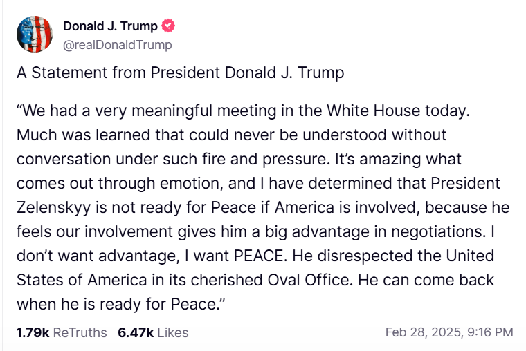 Trump: "Bugün Beyaz Saray’da çok anlamlı bir toplantı gerçekleştirdik. Böylesine yoğun baskı ve gerilim altında yapılan bir konuşma olmadan asla anlaşılamayacak birçok şey öğrendik. Duyguların etkisiyle ortaya çıkanlar gerçekten şaşırtıcı ve şunu net bir şekilde gördüm: Başkan