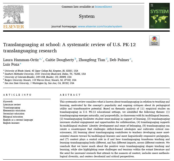 Notre Dame Center for Literacy Education (@cleatnd) on Twitter photo More to read! Coyle Fellow Dr. Hamman-Ortiz, Dr. Dougherty, Dr. Tian, Dr. Palmer & Dr. Poza's recent article "Translanguaging at school: A systematic review of US PK-12 translanguaging research" - now available researchgate.net/publication/38… <a href="/ieiatnd/">IEIatND</a> <a href="/hammanortiz/">Dr. Laura Hamman-Ortiz</a> <a href="/Zhongfeng6/">田中锋 Zhongfeng Tian, Ph.D.</a> More to read! Coyle Fellow Dr. Hamman-Ortiz, Dr. Dougherty, Dr. Tian, Dr. Palmer & Dr. Poza's recent article "Translanguaging at school: A systematic review of US PK-12 translanguaging research" - now available researchgate.net/publication/38… <a href="/ieiatnd/">IEIatND</a> <a href="/hammanortiz/">Dr. Laura Hamman-Ortiz</a> <a href="/Zhongfeng6/">田中锋 Zhongfeng Tian, Ph.D.</a>