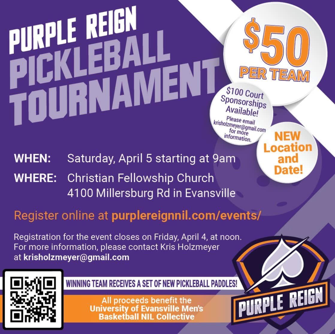Come play pickleball with us!  All funds raised benefit UE mens basketball. This is an open, fun tournament for all ages and skills. $50 per team of two. $100 court sponsorships also available. 
Log on to PurpleReignNIL.com/events/ to register.