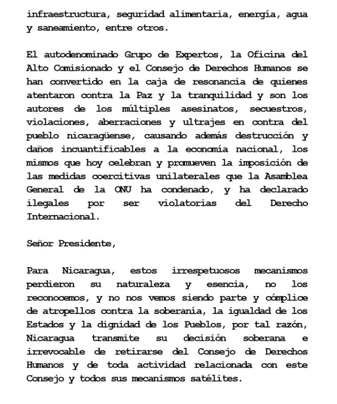 #Nicaragua reafirma su soberanía y dignidad ante el CDH de la ONU. En una misiva enviada al presidente del organismo, el GRUN denuncia el doble rasero y la politización de los DDHH como herramientas de injerencia y agresión contra los Estados soberanos.