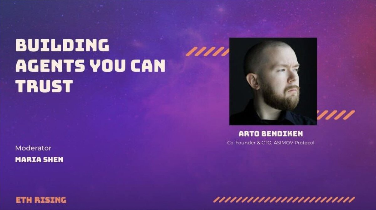 ASIMOV_Protocol's tweet image. Today at ETH Rising: Catch Arto Bendiken (@bendiken), ASIMOV Protocol founder and knowledge graph pioneer, in a fireside chat on &quot;Building Agents You Can Trust&quot; at 2:40 PM MST in Denver.

Arto will explain how blockchain verification creates trustworthy AI systems with verifiable…