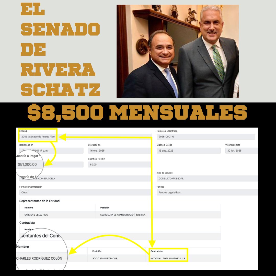 manuelnatal's tweet photo. Thomas Rivera dice que en el Instituto de Cultura se dan vida de ricos, pero entre los guisos de sus socios Anthony Maceira, Kathy Erazo y Charlie Rodríguez se gasta más de $48,000 MENSUALES en fondos públicos del @SenadoPR.

El Padrino de la Corrupción tiene nombre y apellido.

CC: @normandoh