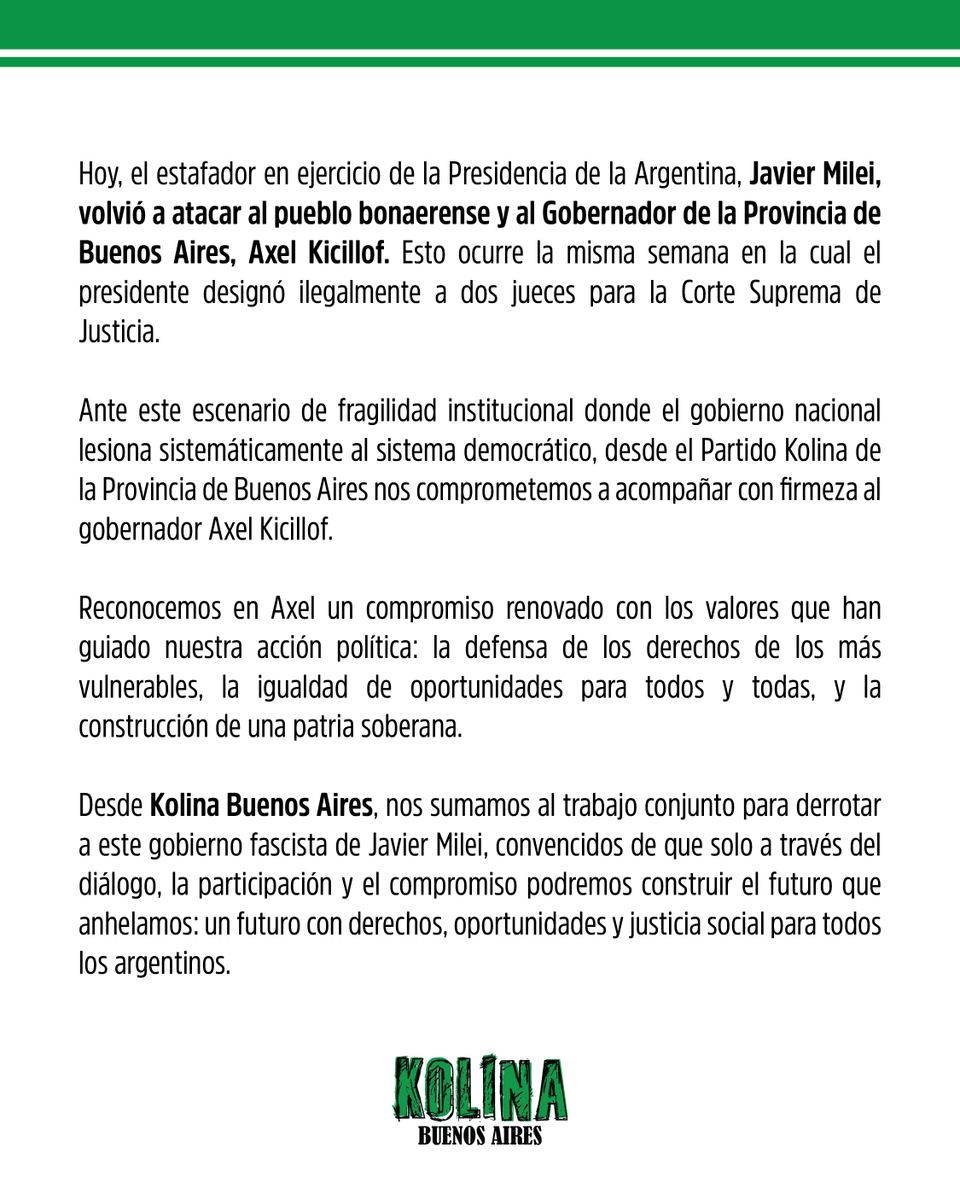 KolinaBsAs's tweet photo. 📢 Desde Kolina Buenos Aires, reafirmamos nuestro compromiso con la democracia y el pueblo bonaerense y expresamos nuestro respaldo al gobernador @Kicillofok. https://t.co/fmtUKbqyTo