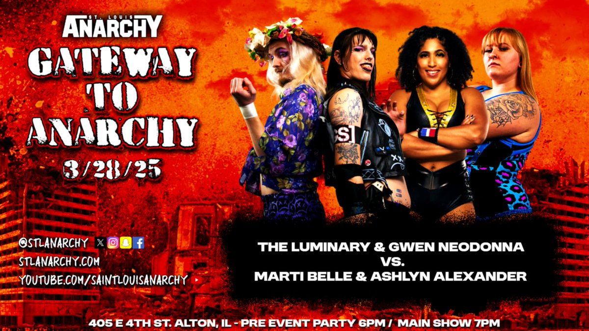 St. Louis Anarchy (@stlanarchy) on Twitter photo Card changes are a part of the business. <a href="/LaynieLuck/">Laynie</a> will be unable to be at Gateway to Anarchy. <a href="/AshlynA1616/">Ashlyn Alexander</a> and <a href="/MartiBelle/">Marti Belle</a> will now take on <a href="/PSI_LUMINARY/">THE LUMINARY (they/them)</a> and <a href="/GwenNeodonna/">Gwen Neodonna 🇵🇸</a> making their tag team main card debut. 🎟 are available at STLANARCHY.COM. Card changes are a part of the business. <a href="/LaynieLuck/">Laynie</a> will be unable to be at Gateway to Anarchy. <a href="/AshlynA1616/">Ashlyn Alexander</a> and <a href="/MartiBelle/">Marti Belle</a> will now take on <a href="/PSI_LUMINARY/">THE LUMINARY (they/them)</a> and <a href="/GwenNeodonna/">Gwen Neodonna 🇵🇸</a> making their tag team main card debut. 🎟 are available at STLANARCHY.COM.