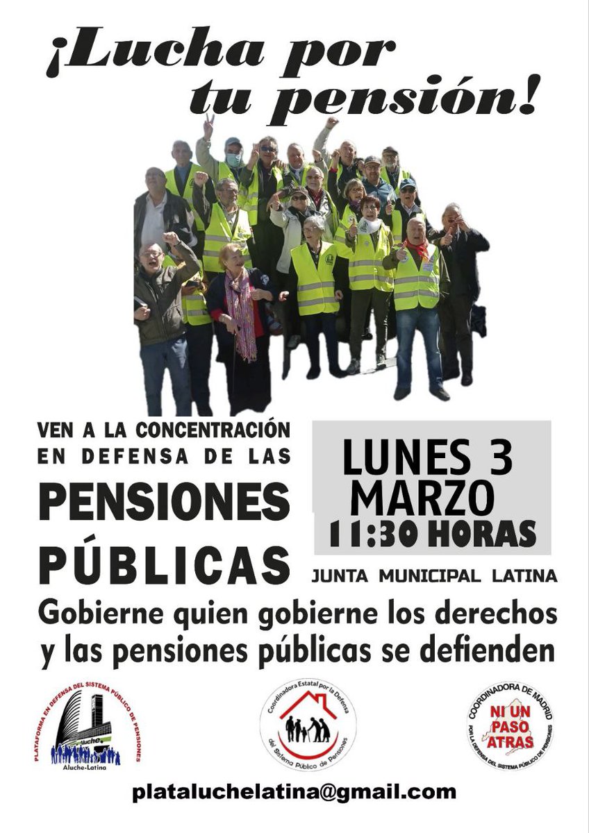 Nuestras vecinas y vecinos de la #PlataformaPensionistasAlucheLatina convocan una concentración este lunes #3M a las 11:30 en la <a href="/JMDLatina/">Distrito Latina</a> 
Participa, ¡lucha por tu pensión!