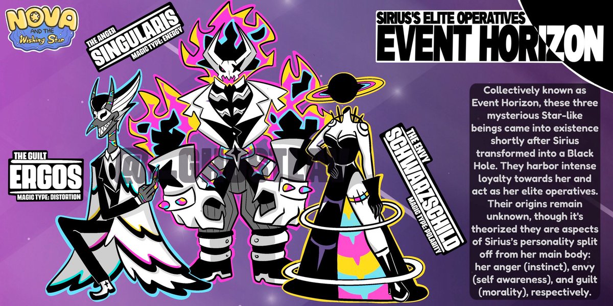 _ghostlav's tweet image. A villain isn’t complete without her underlings— here’s Ergos, Schwarzschild, and Singularis. 🌌