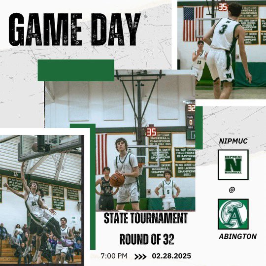 NipmucBoysBball's tweet image. GAME DAY! @MIAA033 playoffs continue as we travel to Abington for the round of 32. Trip to the sweet 16 on the line. Huge test for the fellas! 
🏀 #25 Nipmuc vs #8 Abington
📍 Abington High School
⏰ 7:00pm
#Kaizen #EntitledToNothing @NipmucAD @MiscoeAthletics @NipmucRegional