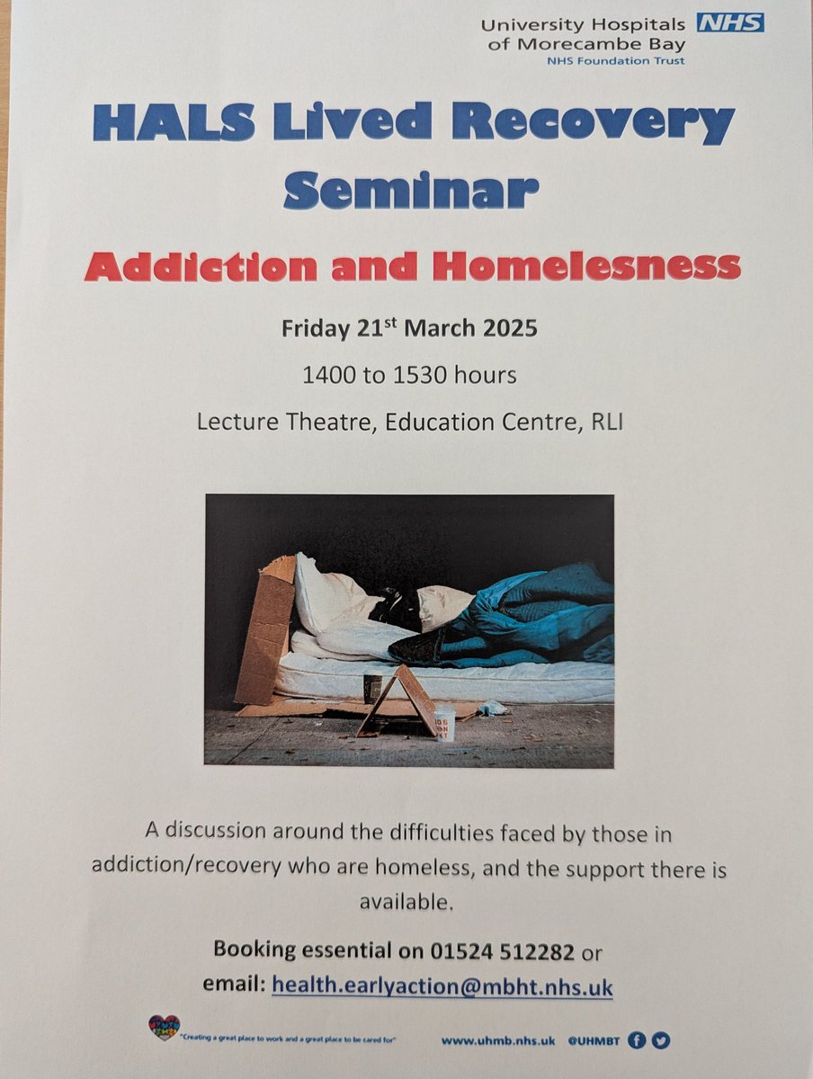Here is the poster for our March Lived Recovery Seminar on Homelessness. Feel free to repost, and spot the spelling mistake 😜<a href="/2soprano/">Lynne Wyre RN 🌻🌻💙</a> <a href="/aaroncumminsNHS/">Aaron Cummins</a> <a href="/caron_graham/">Caron Graham</a> <a href="/Harmony_Ninja/">Katie Egan 🏳️‍🌈</a> <a href="/lvwearing/">Lauren Wearing</a> <a href="/MorseJoann/">Joann Morse RN</a> <a href="/Stevie5667/">Just me Stevie</a>