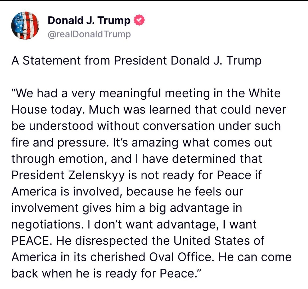 LibertyLockPod's tweet photo. "He disrespected the United States"
Zelensky just destroyed his relationship with the US with that 10 minute long tantrum. He tried to embarrass Trump and Vance in front of the media. FAFO, bud. https://t.co/5B4g9DBqR6