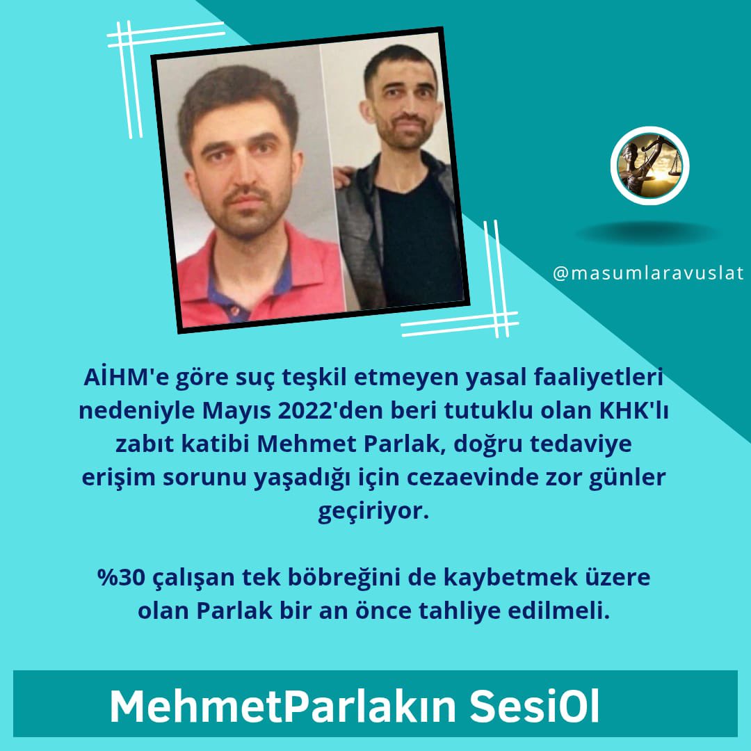 Mehmet Bey cezaevinde zor günler geçiriyor.
Tedavi olabilmesi için acil tahliye olmalı!
<a href="/TCYargitay/">Yargıtay Başkanlığı</a> 
<a href="/AYMBASKANLIGI/">Anayasa Mahkemesi</a> 
MehmetParlakın SesiOl