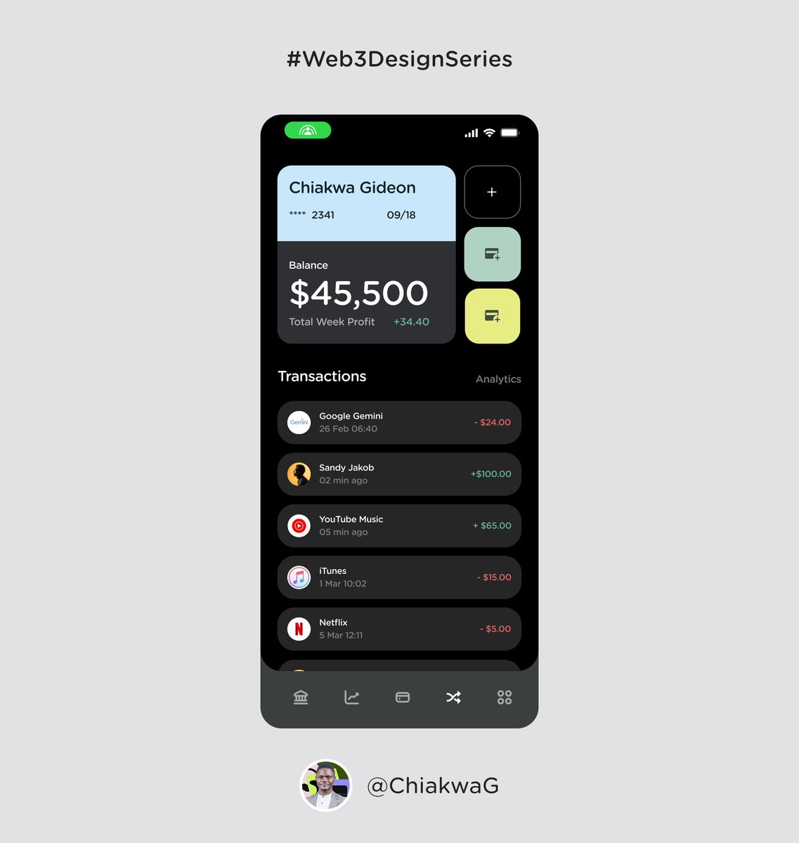 Users can stay in full control of their money with real-time balance updates and transaction tracking. Whether it's streaming subscriptions, transfers, or earnings, get a clear overview of every transaction.
<a href="/DezinDesign/">Dezin</a> <a href="/thedennisobaro1/">Dennis Obaro the UI/UX KING</a> #Crypto #web3