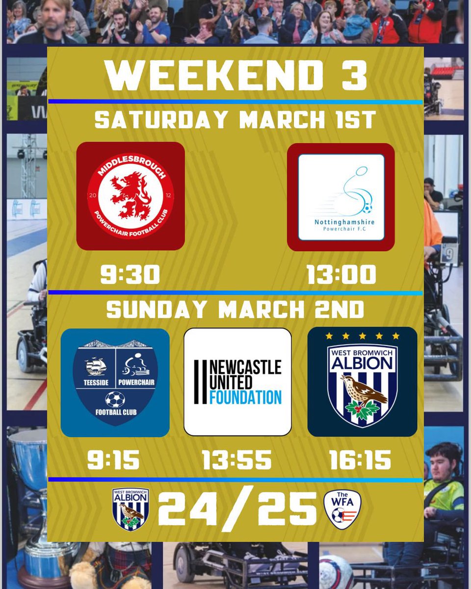 WBA Powerchair (@wbapowerchair) on Twitter photo Our Throstles team are in National League action this weekend as they travel to Nottingham for 5 fixtures across game week 3!
We wish the team the best of luck โ๏ธ
<a href="/WBAFoundation/">The Albion Foundation</a> | #WBA | #Powerchairfootball Our Throstles team are in National League action this weekend as they travel to Nottingham for 5 fixtures across game week 3!
We wish the team the best of luck โ๏ธ
<a href="/WBAFoundation/">The Albion Foundation</a> | #WBA | #Powerchairfootball