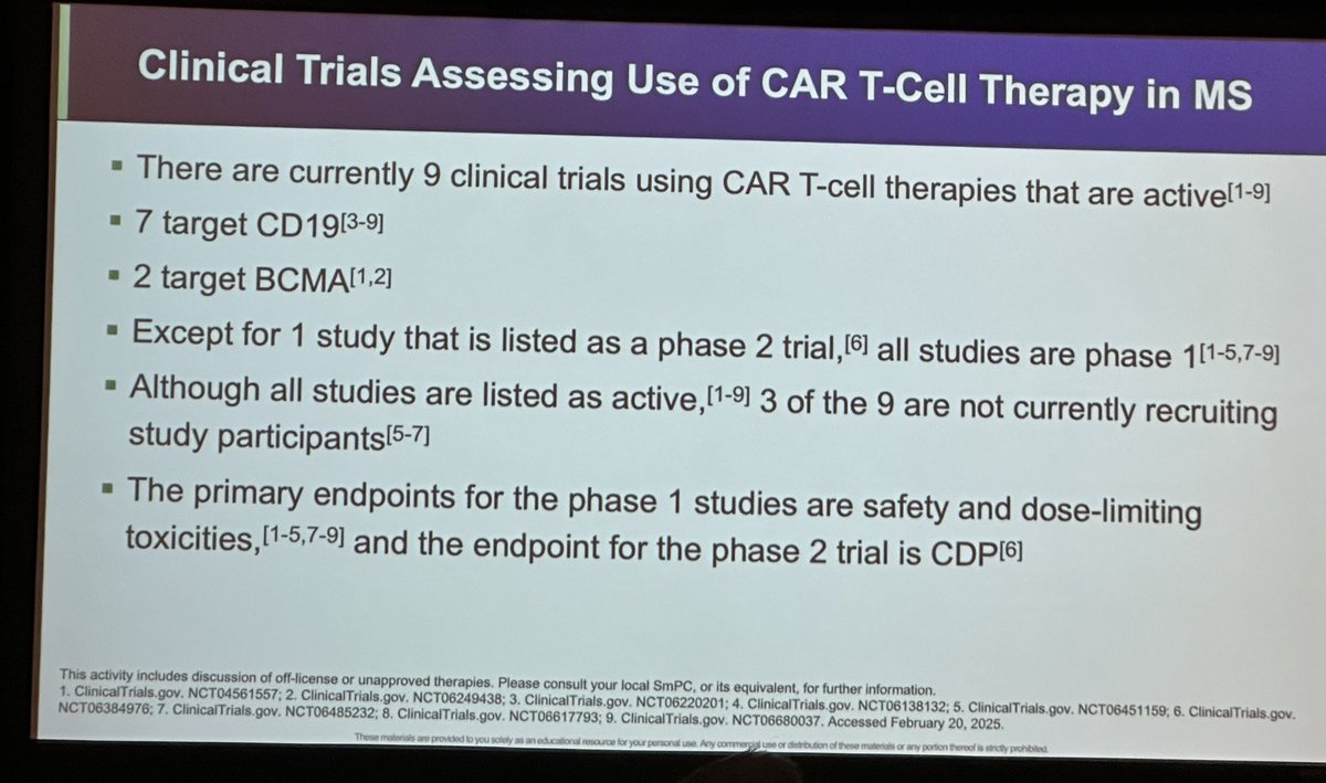 Interesting #ACTRIMS session on CAR-T. Goal in #MS would be to deplete B cells inside CNS, like B cell follicles.  Pretreatment requires pheresis over several hours, chemo with fludarabine +
cyclophosphamide and 7-14 day post-treatment observation.  Early MS trials underway.