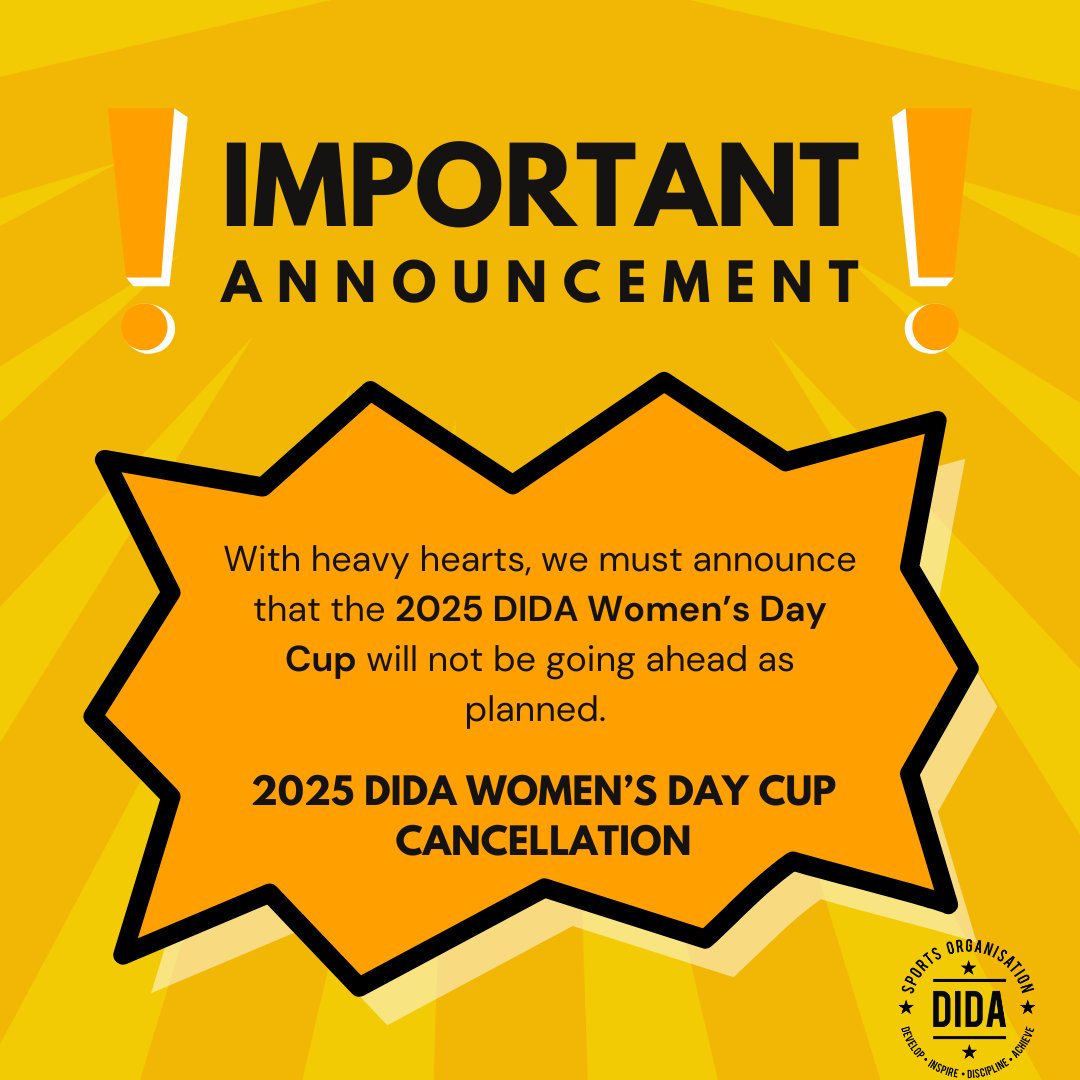 💔 ANNOUNCEMENT: The 2025 DIDA Women’s Day Cup is cancelled. Despite our fundraising efforts, we didn't secure what's needed. This isn’t the end. It’s a pause. We’re taking this time to regroup, refocus, and rebuild.

#DIDAWomensDayCup #FootballForChange #GirlsInSport