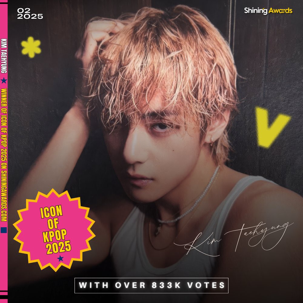 taeguide's tweet photo. [INFO] Taehyung has won the Icon of Kpop 2025 poll hosted by Shining Awards 

A donation has been made to Medical Aid for Palestinians in Taehyung’s name 

CONGRATULATIONS TAEHYUNG 
ICON OF KPOP TAEHYUNG 
#V_ICONOFKPOP2025 https://t.co/LaOK9rgINF