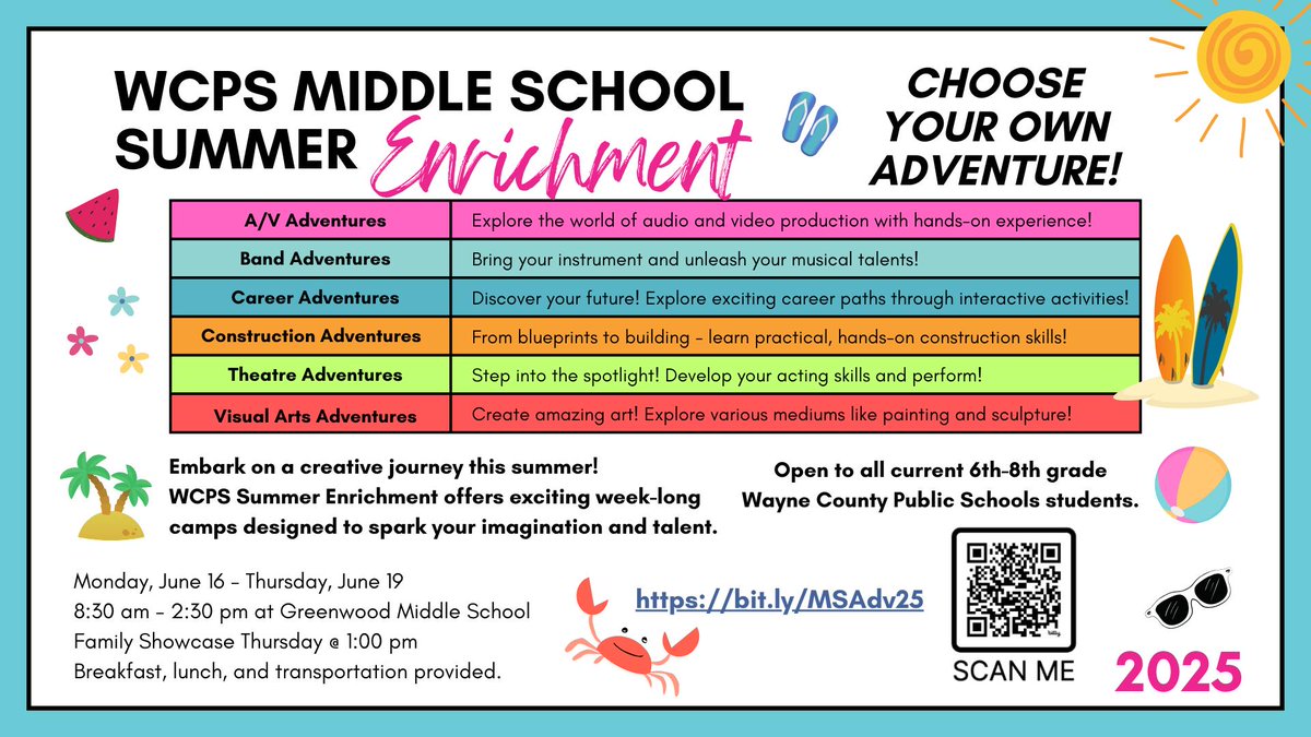 Rising 6 thru 8th grade summer camp opportunities.