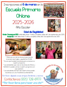 Looking for a dual immersion program for your incoming kindergartener or TK student in the Aptos-Watsonville area? We are now enrolling in our English-Spanish dual immersion program. Visit our Welcome to Ohlone newsletter for more information: secure.smore.com/n/t1kvm
<a href="/PVUSD/">Pajaro Valley Unified School District</a>