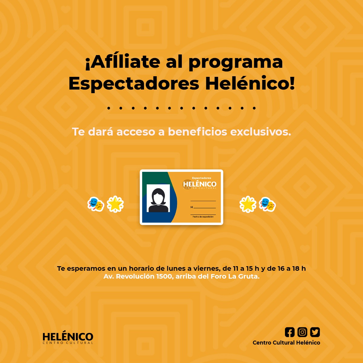 🎭🪪⭐¿Te gustaría ir más al teatro? Con la credencial #EspectadoresHelénico del Centro Cultural Helénico accede a descuentos y beneficios exclusivos. Además, es totalmente gratuita.

📲🔴Entérate y visita bit.ly/3RW5D3g
