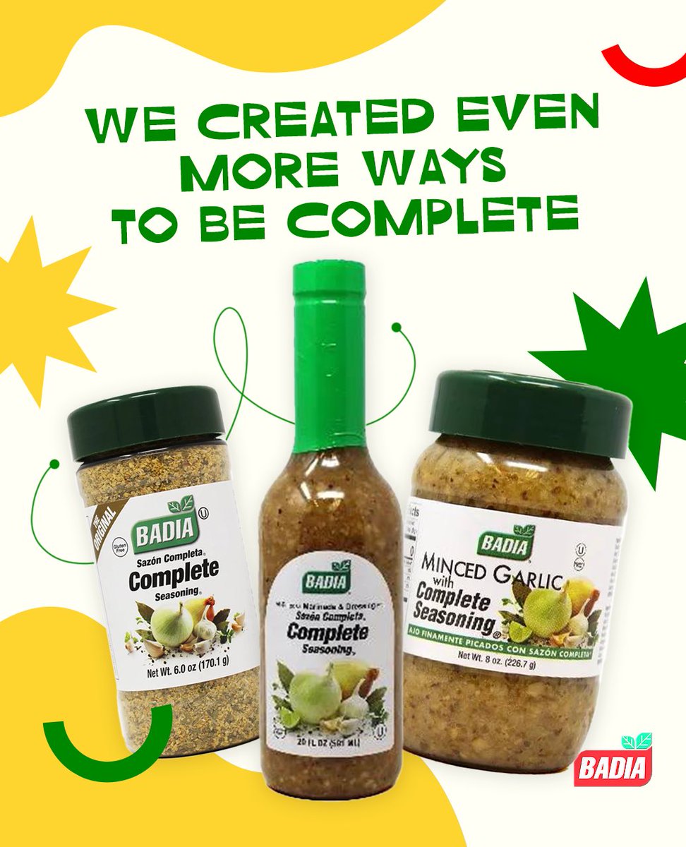 Because one way to be COMPLETE just wasn’t enough! 🌿 

From the perfect all-in-one Badia #CompleteSeasoning® to bold Marinade &amp; Dressing and flavorful Minced Garlic, Badia Complete products bring out the best in every dish!

🛒 SHOP NOW: bodega.badiaspices.com/?s=complete+se…

#BadiaSpices