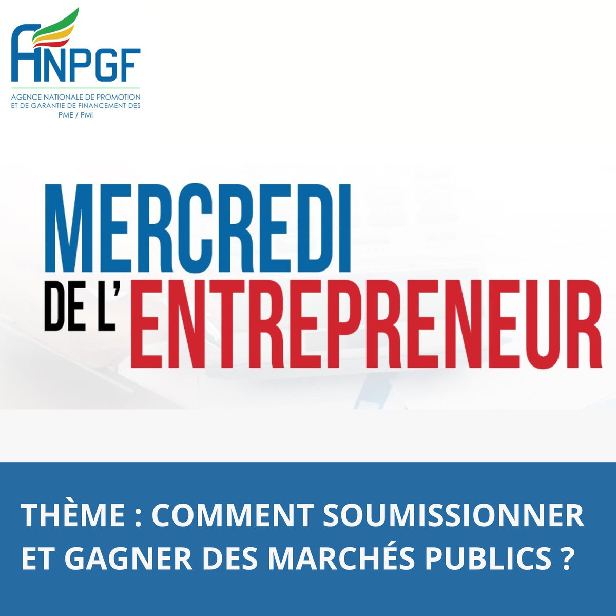 Inscription au prochain Mercredi De l’Entrepreneur (MDE) de l’<a href="/AnpgfTg/">ANPGF Togo</a>

DATE : Mercredi 12 Mars 2025. 
HEURE : 09h30 GMT. 
LIEU : CCI TOGO.

THÈME : COMMENT SOUMISSIONNER ET GAGNER DES MARCHÉS PUBLICS ?

Lien pour vous inscrire :
docs.google.com/forms/d/1a3p5P…