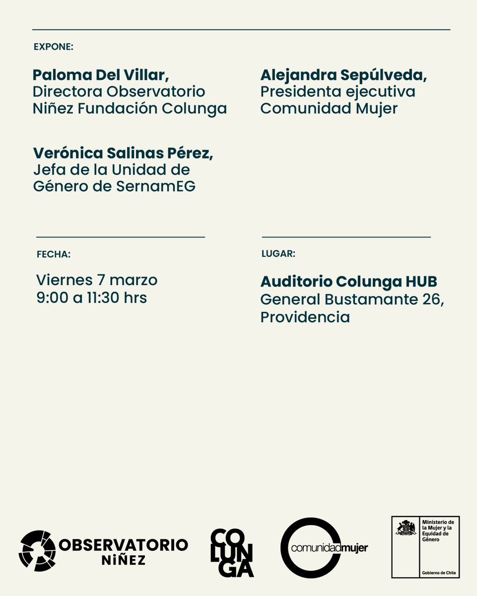 💜 Rumbo al #8M💜 Te invitamos al conversatorio “¿Cómo está el bienestar de las niñas y adolescentes en Chile?”, donde abordaremos datos, brechas y desafíos clave.
📅 Viernes 7 de marzo | ⏰ 9:00 - 11:30 hrs
📍 Auditorio Colunga HUB – General Bustamante 26, Providencia
🎙️ Con: