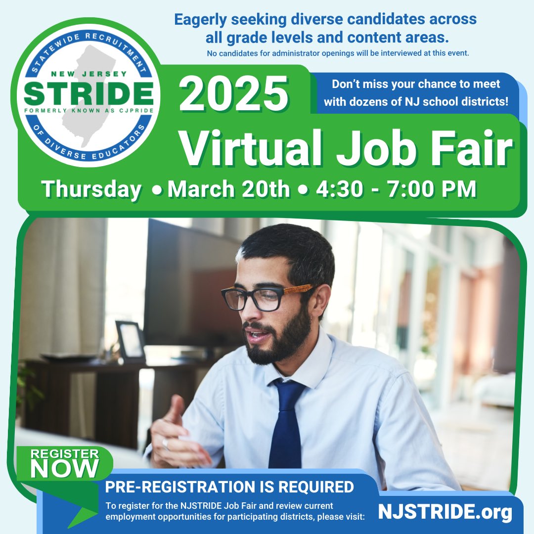 Calling all NJ Educators! Old Bridge Township Public Schools is excited to announce its participation in the @NJSTRIDE 2025 Virtual Job Fair! We are eagerly seeking diverse educators across all grade levels &amp; content areas – we want to meet you! 
#NJEducatorJobFair #NJTeacherJobs