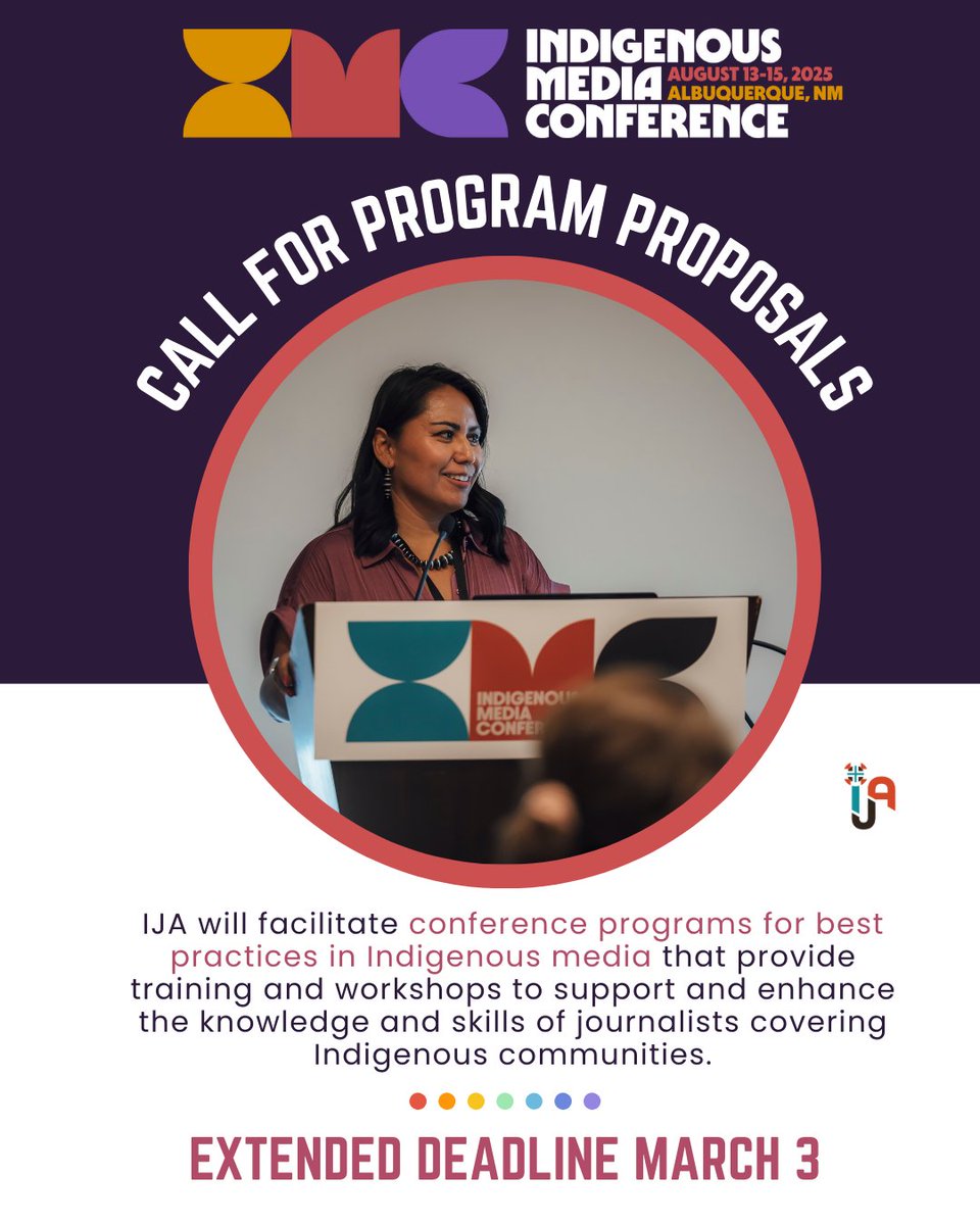 IndigenousJA's tweet image. 🚨 Deadline: March 3 🚨 Call for 2025 Indigenous Media Conference Program Proposals!

Don’t miss this opportunity to share your expertise and shape the conversation in Indigenous journalism and media. - tinyurl.com/IJA2025

#IMC25 #IndigenousJournalism