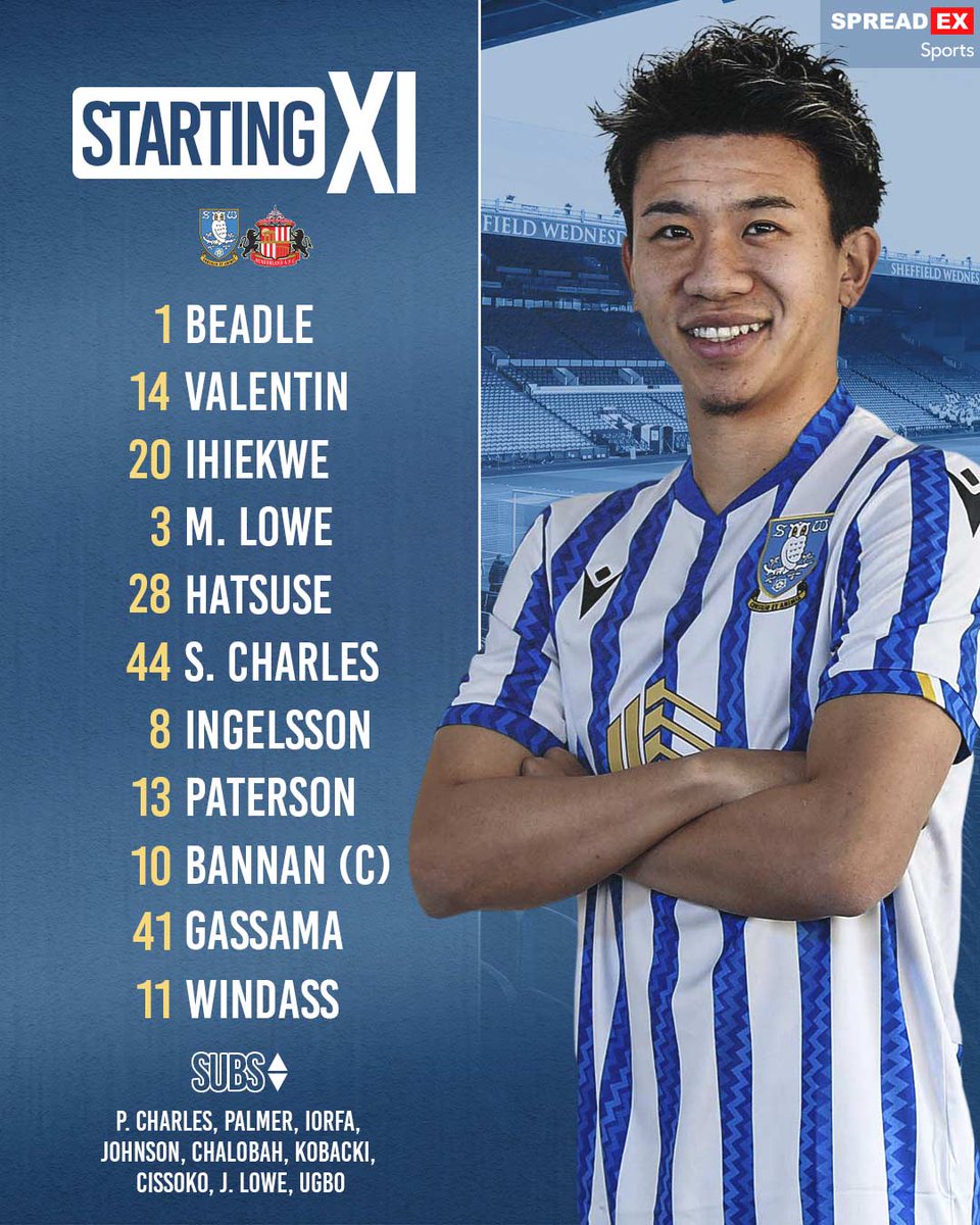 Sheffield Wednesday (@swfc) on Twitter photo Here's how we line-up for #SHWSUN!
XI: Beadle, Valentin, Ihiekwe, M. Lowe, Hatsuse, S. Charles, Ingelsson, Paterson, Bannan (c), Gassama, Windass
SUBS: P. Charles, Palmer, Iorfa, Johnson, Chalobah, Kobacki, Cissoko, J. Lowe, Ugbo
#swfc | <a href="/SpreadexSport/">Spreadex Sports</a> Here's how we line-up for #SHWSUN!
XI: Beadle, Valentin, Ihiekwe, M. Lowe, Hatsuse, S. Charles, Ingelsson, Paterson, Bannan (c), Gassama, Windass
SUBS: P. Charles, Palmer, Iorfa, Johnson, Chalobah, Kobacki, Cissoko, J. Lowe, Ugbo
#swfc | <a href="/SpreadexSport/">Spreadex Sports</a>