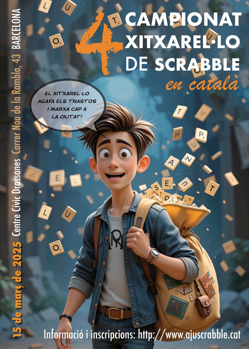 📢 El 4t Campionat Xitxarel·lo de Scrabble ja és aquí! 🎉🔠

El dissabte 15 de març, el Xitxarel·lo es trasllada a Barcelona! Aquest any, el torneig estarà dedicat al món del còmic! 📖

📩 Inscripcions obertes!

Més info a: ajuscrabble.cat

#scrabbleencatalà #scrabblecat